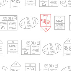 White, Pink and Gray Vintage Travel Theme Seamless Repeating Pattern. Beautiful vector design perfect for fabric, scrap-booking, wall paper, home decor, travel products, gifts and projects.