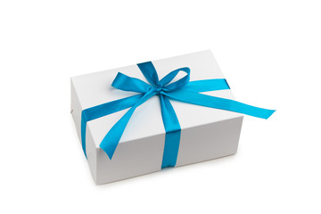 festive gift box with blue bow, isolated on white