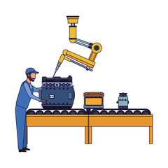 car mechanic with car parts on transport band machine, colorful design