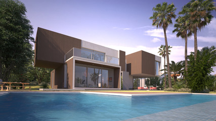 Fototapeta premium Modern villa with pool and exotic garden