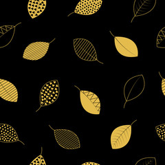 Gold Decorative Leaves on Black Background Seamless Repeating Pattern. Beautiful vector design perfect for fabric, scrap-booking, wallpaper, home decor, gifts, cards, projects & business products.