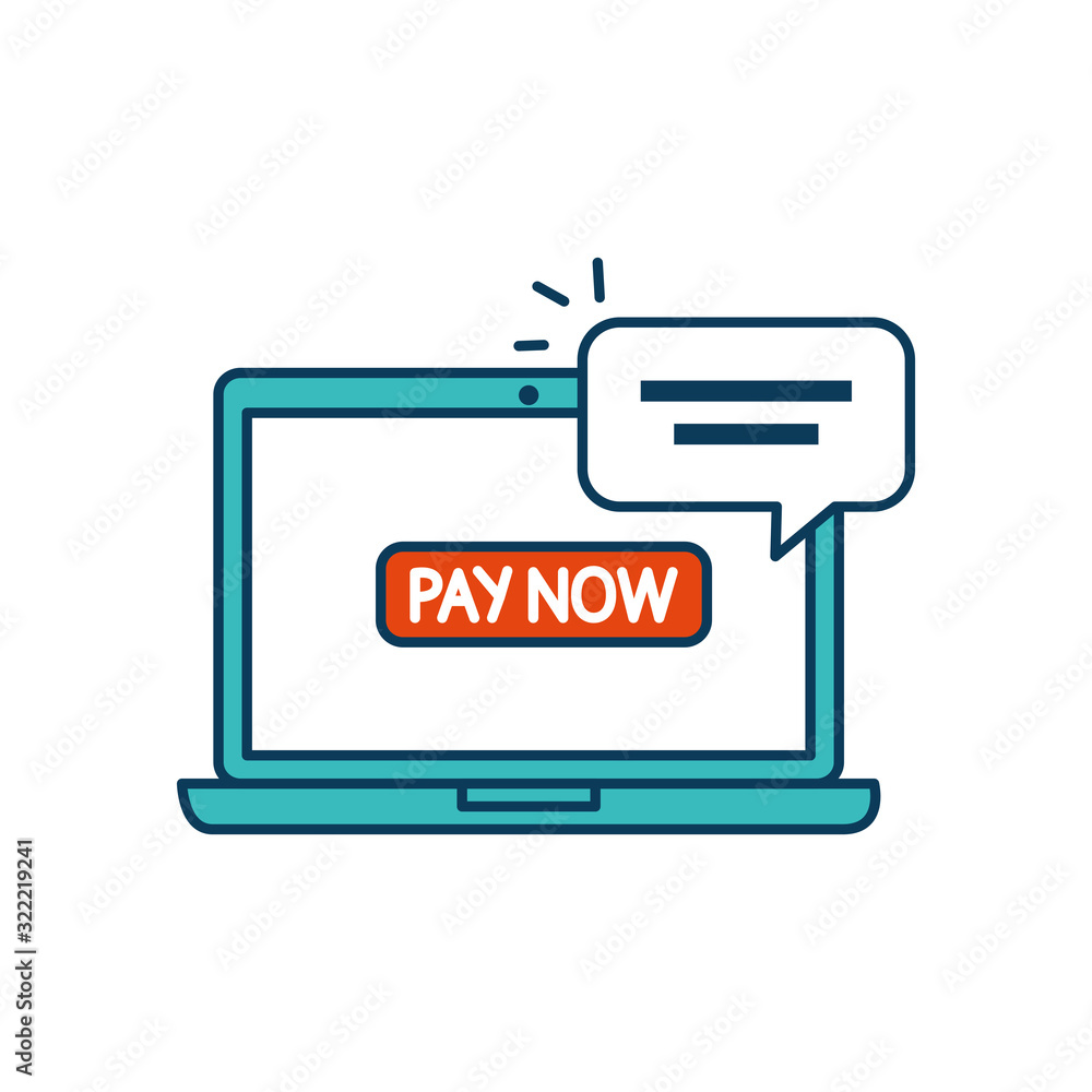 Poster laptop computer with button pay now and speech bubble