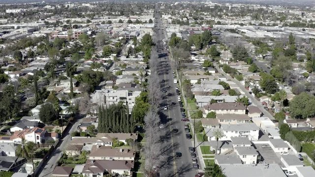 Aerial drone view of suburb residential houses in Van Nuys, California