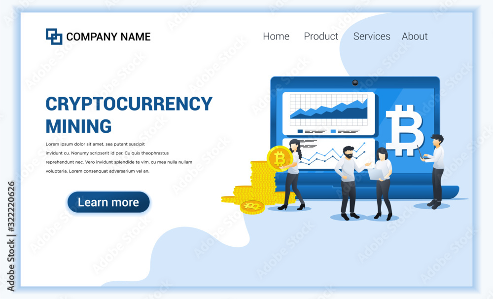 Poster cryptocurrency mining concept with people working on screen and laptop displaying graphic data. mini