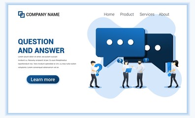 Question and answer concept with people asking to online support center. Can use for web banner, landing page. Modern flat vector illustration
