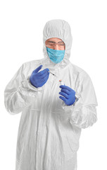 Laboratory worker in protective uniform and with remedy on white background. Concept of epidemic