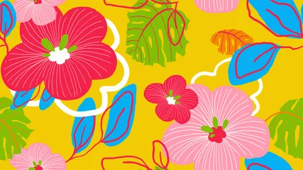 Poster Botanical seamless pattern, various hand drawn flowers and leaves on yellow © momosama