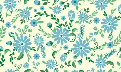 Fototapeta na wymiar Seamless Motif of spring floral background, with leaf and flower drawing.