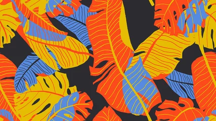 Poster Botanical seamless pattern, various hand drawn leaves on dark grey © momosama