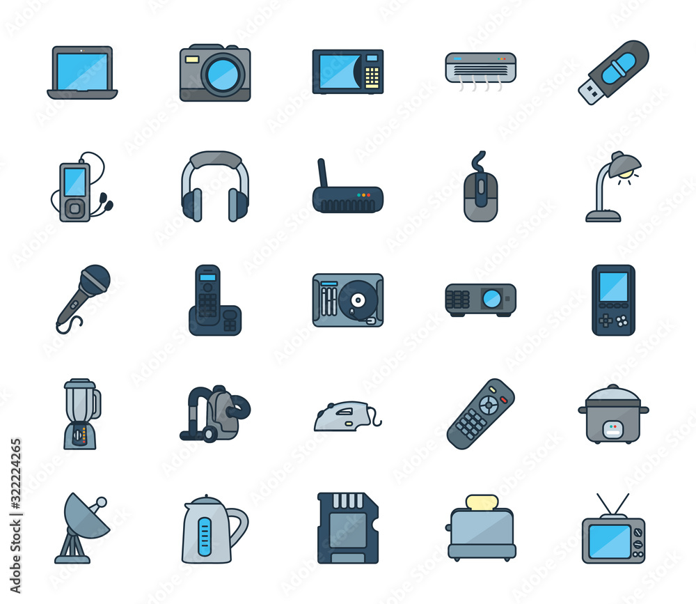 Poster technology line and fill style icon set vector design