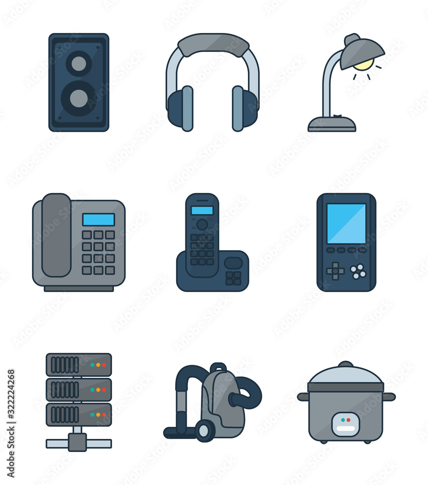 Poster technology line and fill style icon set vector design