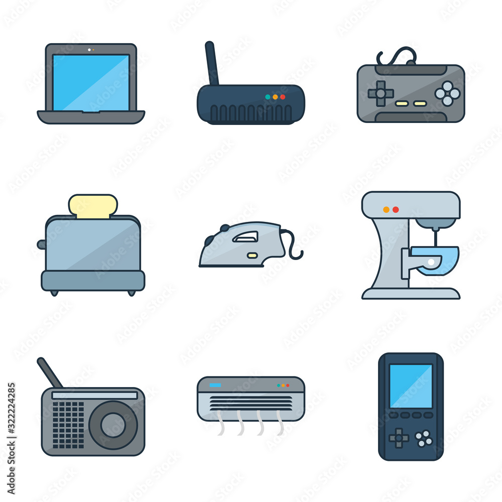 Poster technology line and fill style icon set vector design