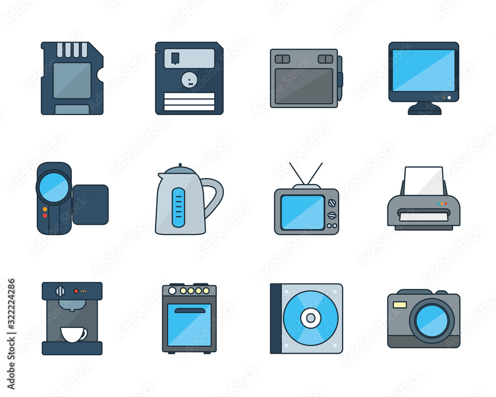 Poster technology line and fill style icon set vector design