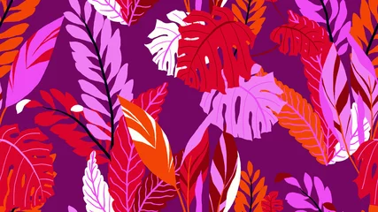 Muurstickers Botanical seamless pattern, various hand drawn leaves on purple © momosama