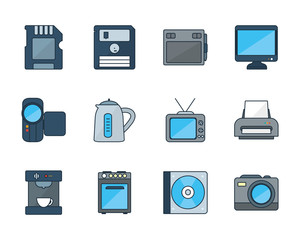 Technology line and fill style icon set vector design