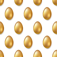 Seamless pattern from golden eggs. Shiny volume eggs on white background. Seamless ornament for Easter holidays. Template for fabric, wrapper, banners. Vector 3d illustration.