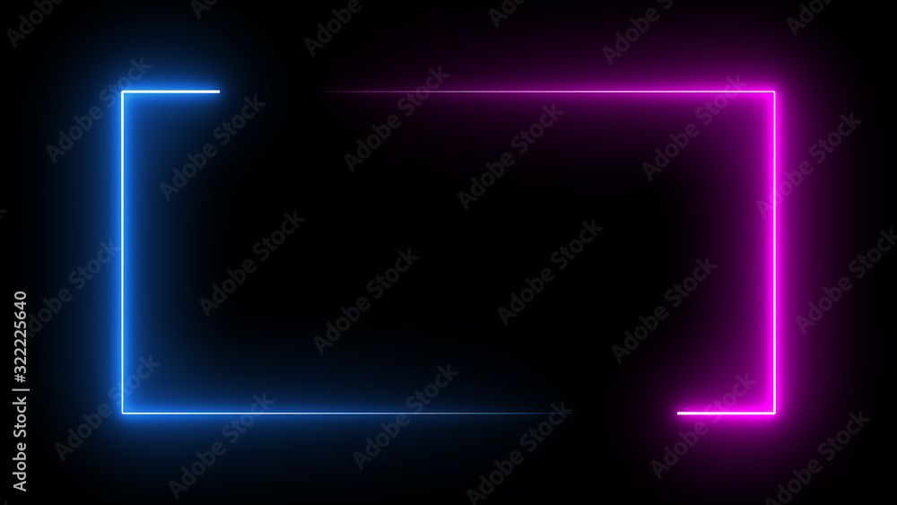 Fototapete square rectangle picture frame with two tone neon color motion graphic on isolated black background.