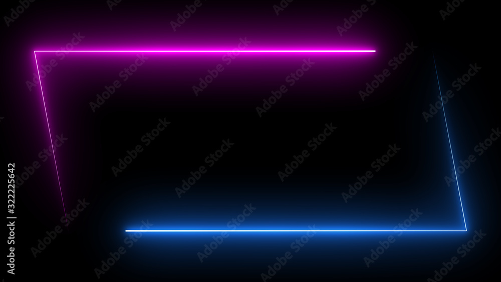 Poster parallelogram rectangle picture frame with two tone neon color shade motion graphic on isolated blac