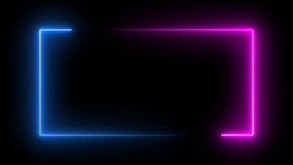 Square rectangle picture frame with two tone neon color motion graphic on isolated black background. Blue and pink light moveing for overlay element. 3D illustration rendering. Empty copy space middle - obrazy, fototapety, plakaty