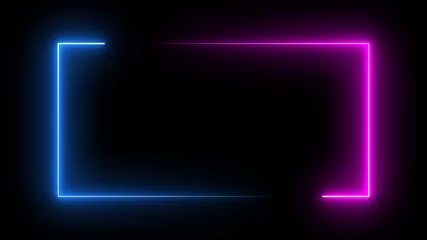 Fotobehang Square rectangle picture frame with two tone neon color motion graphic on isolated black background. Blue and pink light moveing for overlay element. 3D illustration rendering. Empty copy space middle © Shutter2U