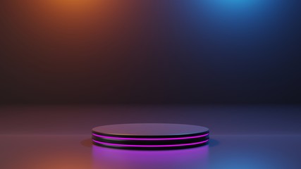 Product stand pedestral podium platform stage in studio. Modern black and purple shade emission....