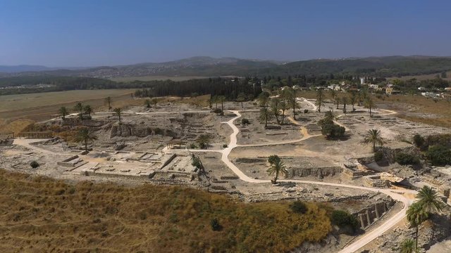 Flying around the Archeological site of Biblical Tel Megiddo, at Megiddo National Park Israel also known as Armageddon the end of the world