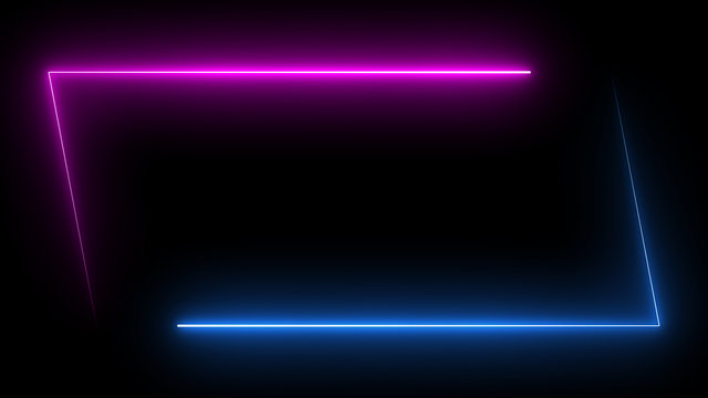 Parallelogram rectangle picture frame with two tone neon color shade motion graphic on isolated black background. Blue and pink light for overlay element. 3D illustration rendering wallpaper backdrop