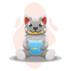 CUTE CAT EAT THE FISH CARTOON VECTOR