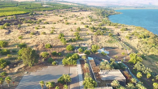 Flying over Capernaum ancient biblical site associated with Jesus in Israel around the Kinneret lake