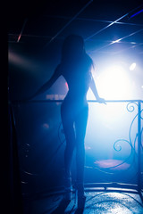 silhouette of girl dancer go-go posing in nightclub - obrazy, fototapety, plakaty