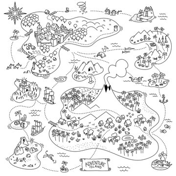 Adventure island map. Board game. Fantasy area games kit. Pirates, sea monsters, mountains and medieval city. Cartoon hand drawn sketch vector black line.