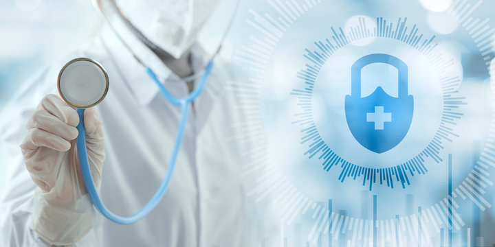 Medicine doctor holding stethoscope in hand. DNA. Digital healthcare and network connection on hologram modern virtual screen interface, medical insurance, technology and network.
