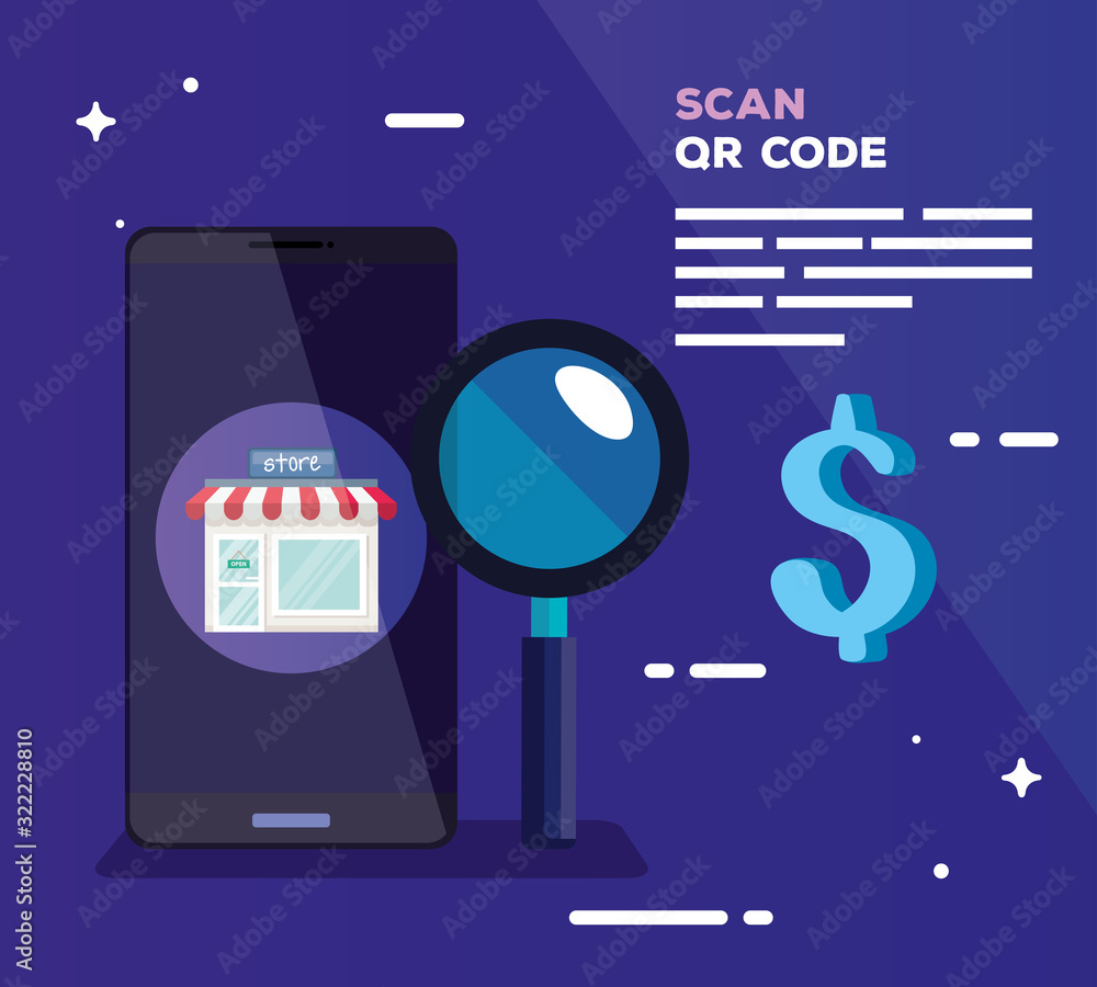 Poster scan qr code with smartphone and magnifying glass