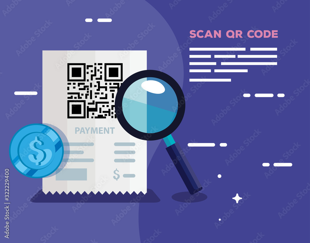 Poster scan qr code in voucher paper with magnifying glass