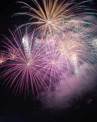 Isolated fireworks against a black sky background.