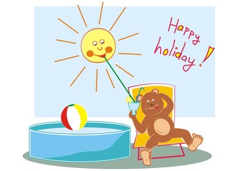 bear and sun, bear sits in a chair by the pool and drinks a drink,vector illustration