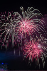 fireworks against a black sky background over a river and a bridge.