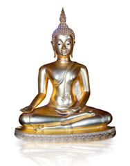 Golden Buddha statue on isolated white background