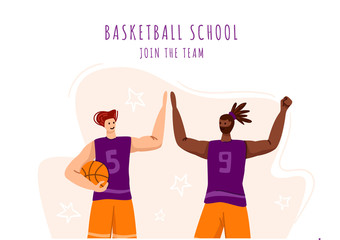 Fototapeta na wymiar Two basketball players with ball playing game, good teamwork and happiness, illustration with muscular athletic men or sportsmans for banner, poster, website or merch print, flat people - vector