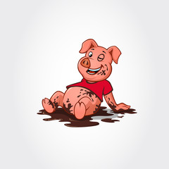 Cute happy pig sitting in a dirty pool, funny cartoon character