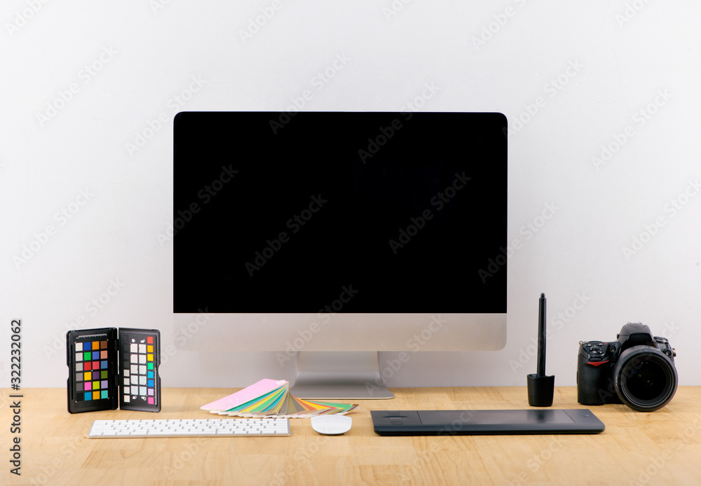 Fototapete front view of home office graphic designer desktop with blank copy space pc computer