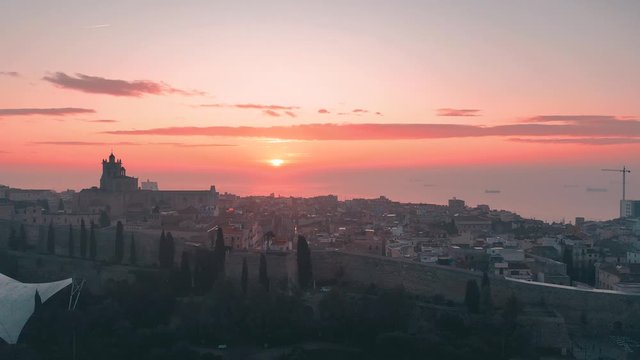 Aerial sunrise video footage of Tarragona Spain