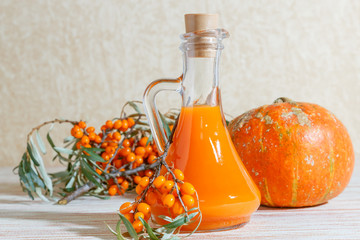 Vegetarian food, healthy nutrition, preserving the harvest of ripe juicy seabuckthorn and homemade...