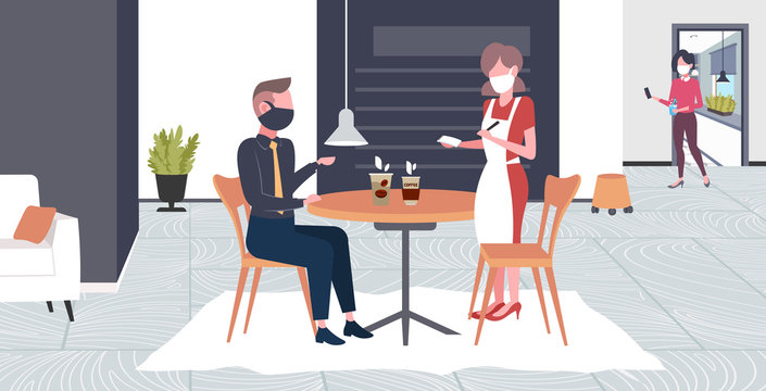 waitress taking order from client in mask to prevent epidemic MERS-CoV wuhan 2019-nCoV pandemic health risk concept cafe interior full length horizontal vector illustration