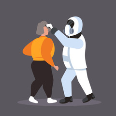 man in hazmat suit checking temperature of sick woman spreading coronavirus infection epidemic MERS-CoV virus wuhan 2019-nCoV pandemic health risk concept full length vector illustration