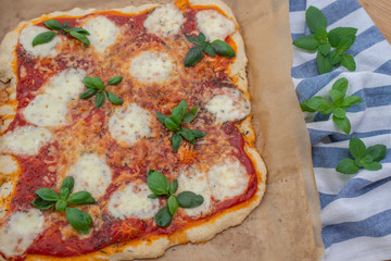 Home made pizza topped with tomatoes, mozzarella, spices and fresh basil