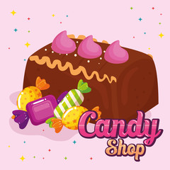 poster of candy shop with cake chocolate and candies