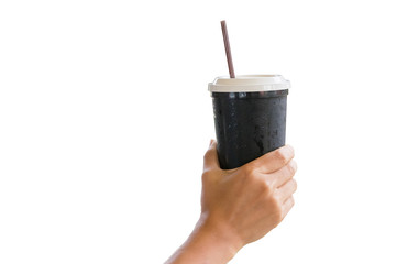 Hand holding plastic glass of iced drink with tube on white background. Clipping Path