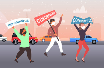 epidemic MERS-CoV people in protective masks holding banner stop coronavirus infection prevention concept wuhan 2019-nCoV pandemic health risk city street full length horizontal vector illustration