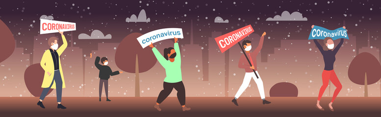 epidemic MERS-CoV people in protective masks holding banner stop coronavirus infection prevention concept wuhan 2019-nCoV pandemic health risk cityscape full length horizontal vector illustration